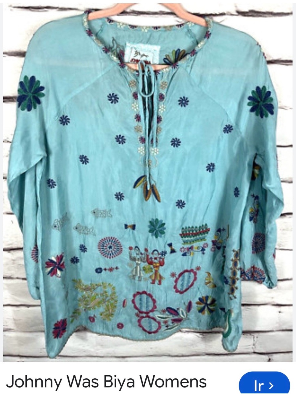 Johnny Was Light Blue Embroidered Boho Tunic